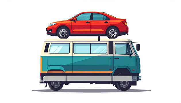 Red car on top of blue vintage van whimsical cartoon style illustration