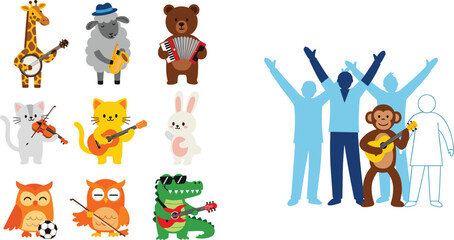 Naklejka premium Cute animals playing musical instruments band characters and cheering crowd vector illustration set