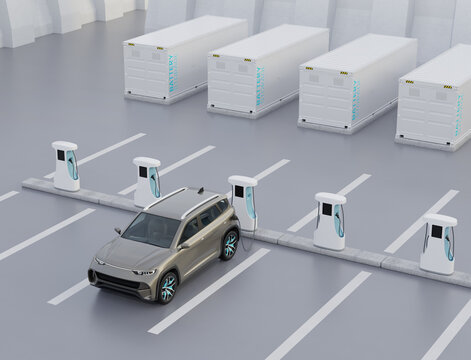 Electric SUV charging at charging station. Cargo container with Energy storage system at background. 3D illustration.