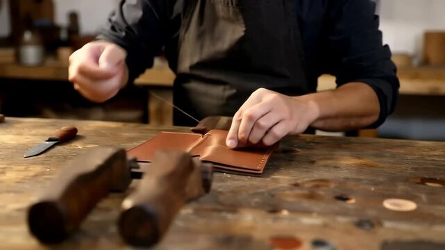 Leather artisan crafting handmade wallet workshop video content rustic environment close-up view traditional skills