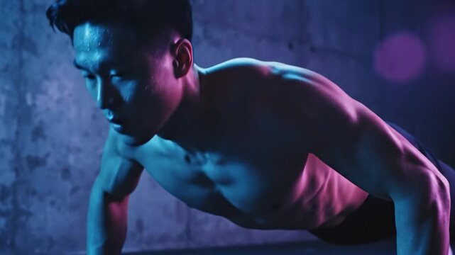 Man in a push-up position with blue and pink lighting.