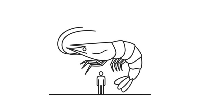Whimsical illustration showcasing a colossal shrimp dramatically dwarfing a tiny human figure in