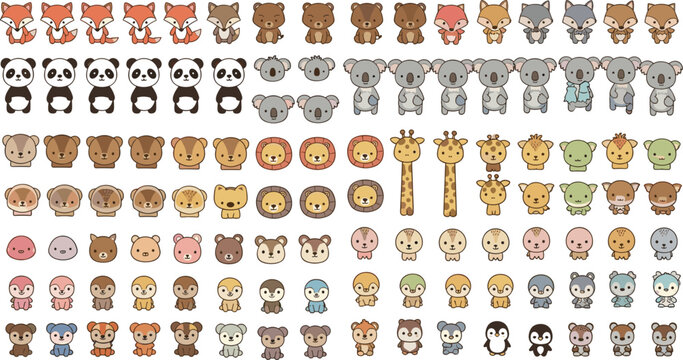Cute baby animals collection kawaii forest and zoo characters cartoon vector illustration set