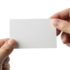 Fototapeta premium Two hands holding a blank white paper business card for branding, isolated on transparent cutout png.