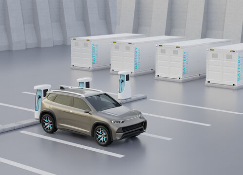 Electric SUV charging at charging station. Cargo container with Energy storage system at background. 3D illustration.