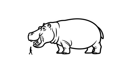 Fototapeta premium Stark black and white artwork depicting a massive hippopotamus alongside a small human silhouette