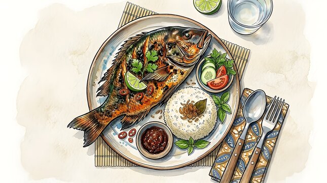 Indonesian Nasi Ikan Bakar Grilled Fish with Rice Watercolor Illustration