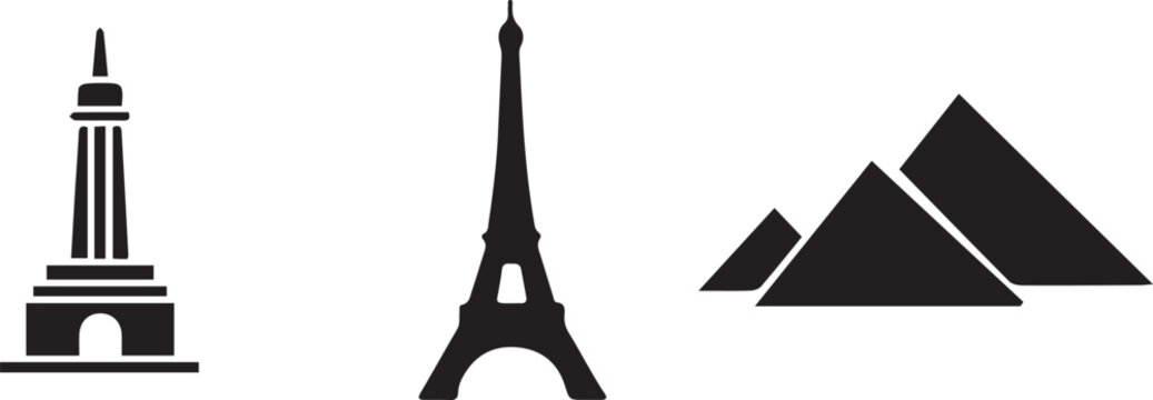 Iconic Landmarks Silhouettes: Eiffel Tower, Pyramids, Blackpool Tower