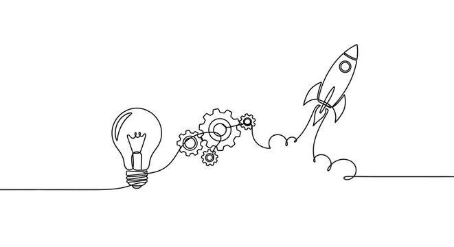 Startup idea launch: light bulb, gears, and rocket ship in continuous line art