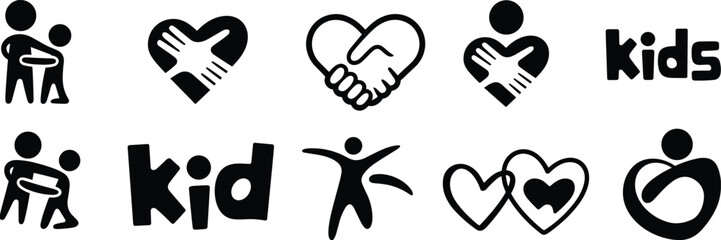 Obraz premium Set of Minimalist Charity Icons and Logos Featuring Hearts Hands and Silhouettes Representing Child Care Love Protection and Family Support