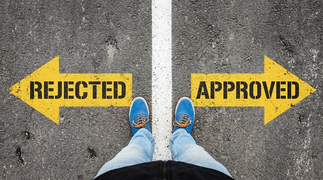 Conceptual decision making on asphalt road, rejected or approved choice, business career path