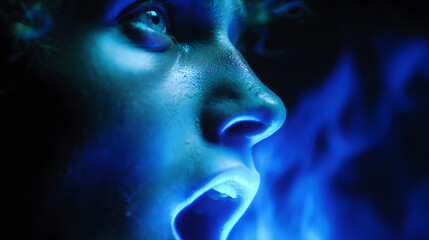 Obraz premium Glowing blue close up of face with open mouth and dramatic light, emotive futuristic portrait with high contrast skin texture