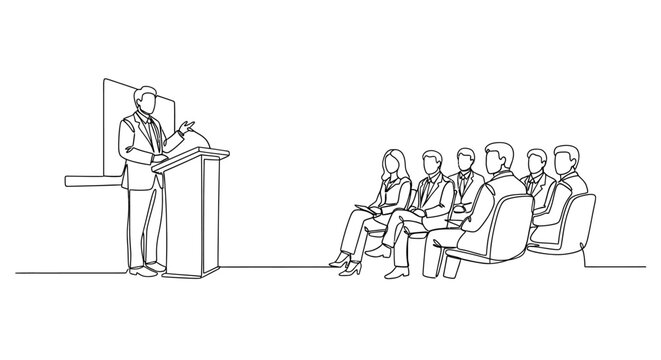 Speaker Presenting to Audience at Podium in Minimalist Line Art Style
