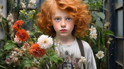 Naklejka premium Young Girl Holding Colorful Flowers in Garden