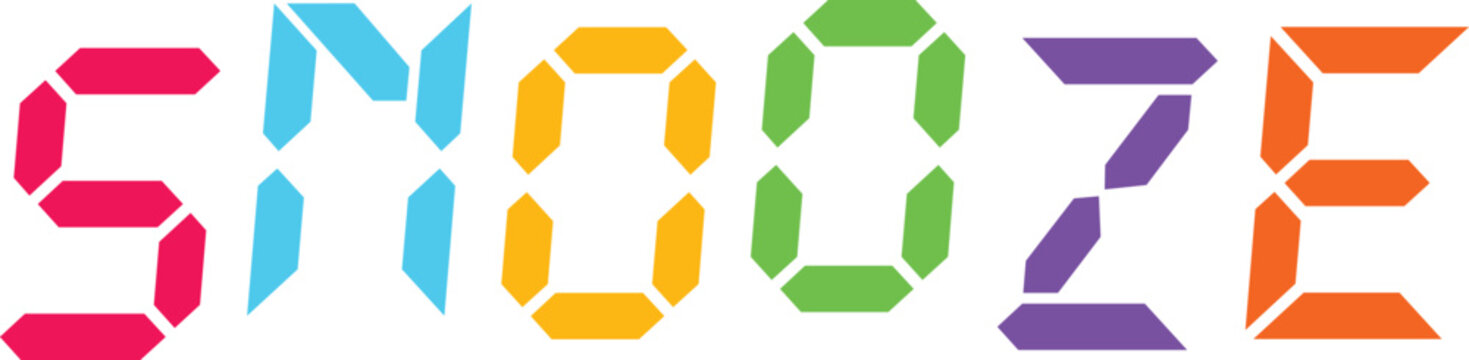 Snooze text digital typography in rainbow gradient colors on transparent background for clock interface design icon.