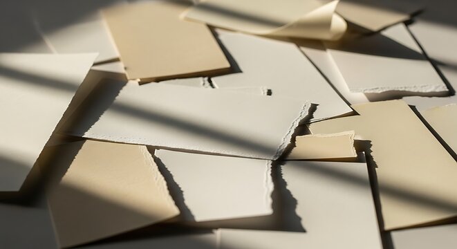 Assortment of Textured Paper Samples in Warm Cream and Beige Tones with Rough Deckled Edges in Sunlight and Shadow