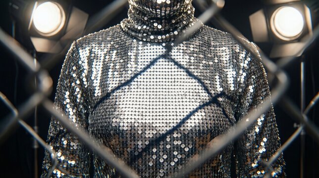 Silver sequin suit behind chainlink fence with studio lights