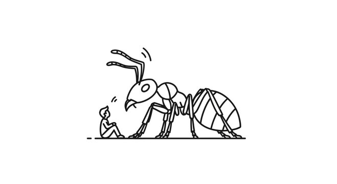 A tiny human confronts a colossal ant, exploring themes of immense scale and unexpected encounters
