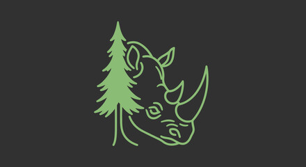 Stylized rhino head with tree silhouette against dark background illustration © ikk