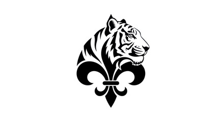 Tiger head emblem silhouette over fleur de lis design isolated on white © ikk