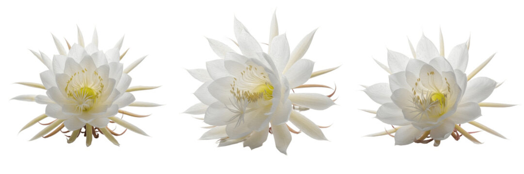 Set of three white Brahma Kamal flowers night blooming cereus isolated on white background floral elements