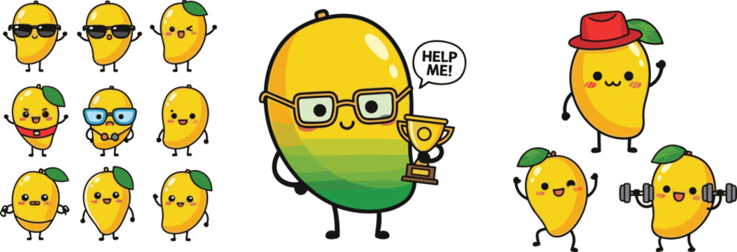 Cute mango character collection funny fruit mascot with different emotions cartoon vector illustration set
