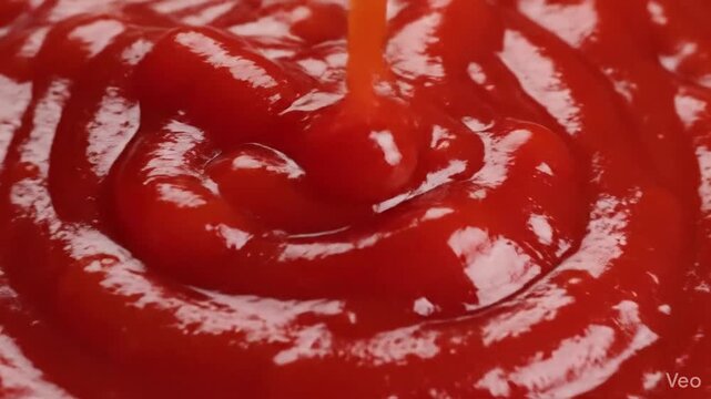 Vibrant red tomato ketchup splatter against a clean white backdrop, capturing an abstract overhead view of the glossy liquid texture with detailed organic shapes and splattered drops.