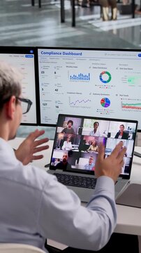 Compliance Office In Video Call With Compliance And GRC Apps Open