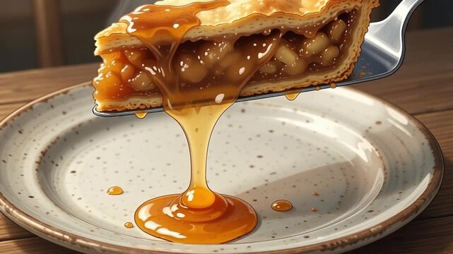 Golden Caramel Sauce Dripping Over a Slice of Warm Apple Pie, Delicious Dessert Served on a Rustic Plate, Sweet Baked Goods for a Cozy Autumn Treat