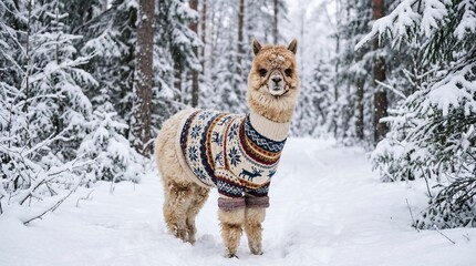 Obraz premium Adorable Fluffy Alpaca Wearing Traditional Knitted Sweater in Snowy Winter Forest Representing Seasonal Comfort and Warmth