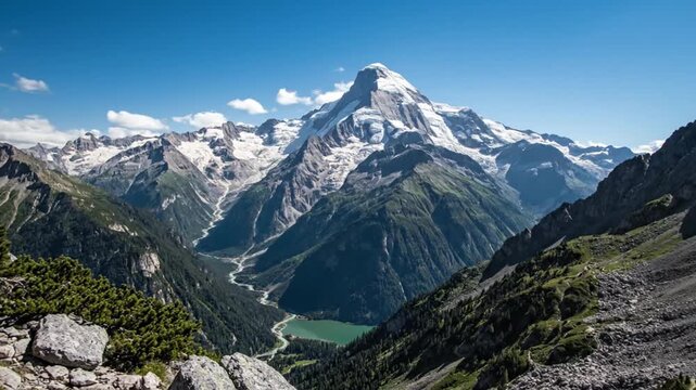 A breathtaking panoramic view of a rugged alpine landscape featuring a towering snow-capped mountain peak surrounded by lush green valleys and steep rocky slopes.