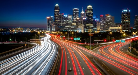 Fototapeta premium Broad streams of white and crimson headlights race along converging expressways toward a dense skyline of glowing towers, capturing the relentless pulse of a modern metropolis as deep blue night settl