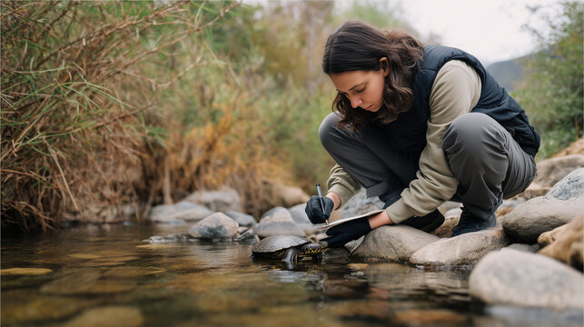 Female biologist crouching by rocky river, carefully studying and documenting wild turtle wearing gloves, conducting wildlife field research in natural outdoor environment.
