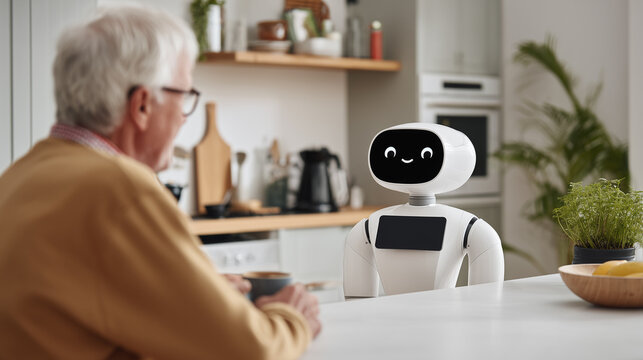 Friendly companion robot with smiling face screen interacting with senior man drinking coffee at kitchen table, showcasing warm human-robot relationship and AI eldercare technology.