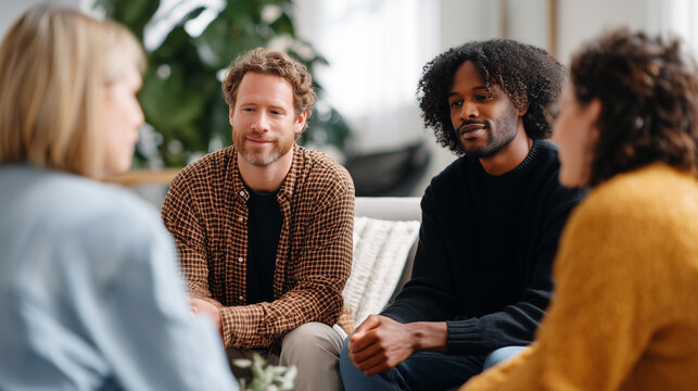 Diverse group of people sitting together in cozy living room engaged in attentive conversation, depicting supportive therapy session or mental health support group meeting.
