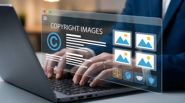 Digital copyright image protection displayed on a laptop screen by professional hands typing