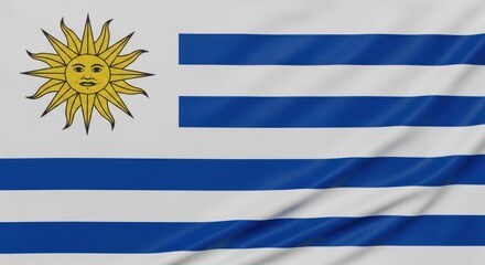 Fototapeta premium Uruguay flag waving with sun symbol on white and blue background