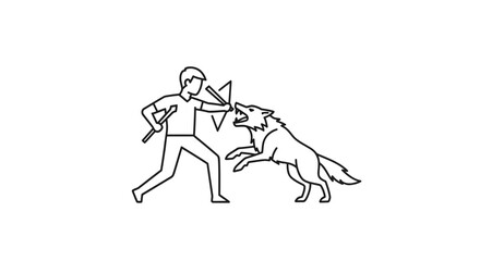 Fototapeta premium Minimalist line art depicting a human figure's valiant defense against a predatory wolf attack