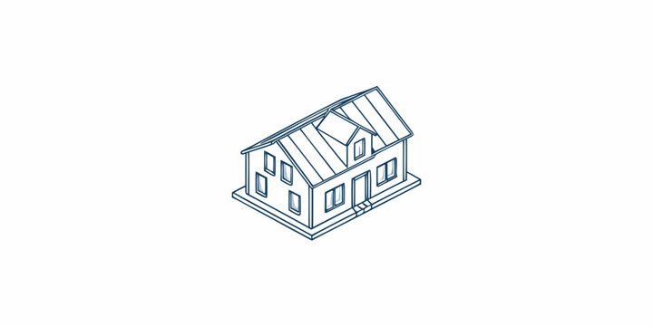 Isometric illustration of a simple two story house with a gable roof