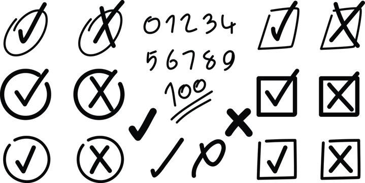 A collection of hand-drawn checkmarks, crosses, tick boxes, and handwritten numbers in a minimal black doodle style. Perfect for planners, to-do lists, and bullet journals.