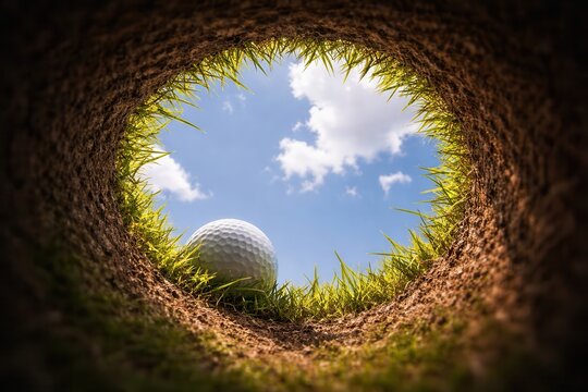 Golf ball at hole from inside cup view with blue sky and grass on course
