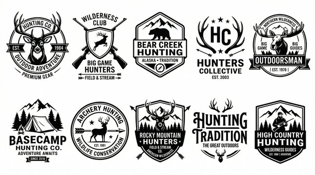 Hunting Logo & Hunt Label Vector Set &ndash; Vintage and Modern Deer, Antlers, Rifle, Bow, and Outdoor Badge Designs on White Background