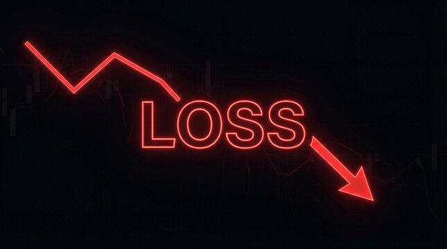 Red neon loss graph with downward trend arrow on black background