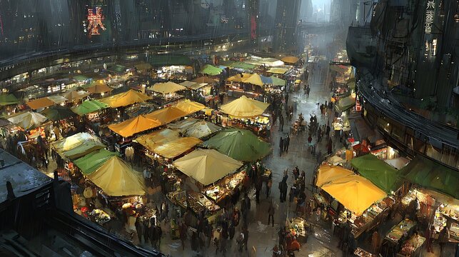 Aerial view of a crowded night market with yellow and green tents in a dense futuristic city