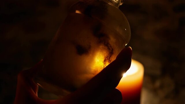 Bottle dusty with sediment swirling like a nebula inside deep amber liquid. featuring candle, flame, dark with cellar and lowkey elements for