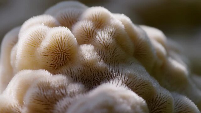 Mushroom with wavy beige caps and velvety texture in natural light. featuring macro, close-up, fungus with organic and earthy elements for botanical,