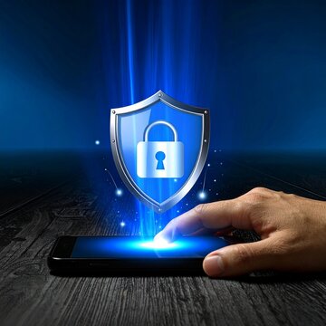 Digital Security Shield Protecting Mobile Phone Data and Privacy.