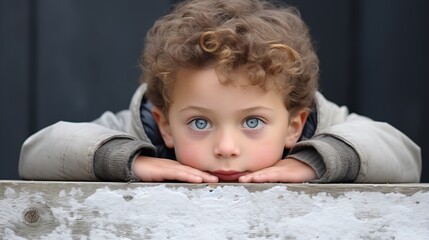 Fototapeta premium Curious Young Boy with Blue Eyes Peeking Over a Snowy Surface