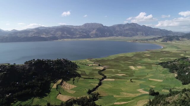 High Angle Aerial View of Lake Hashenge and Terraced Farmland in Tigray Highlands, Ethiopia