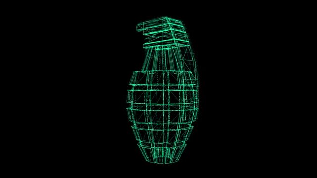Animated green wireframe military hand grenade rotating isolated on black background footage